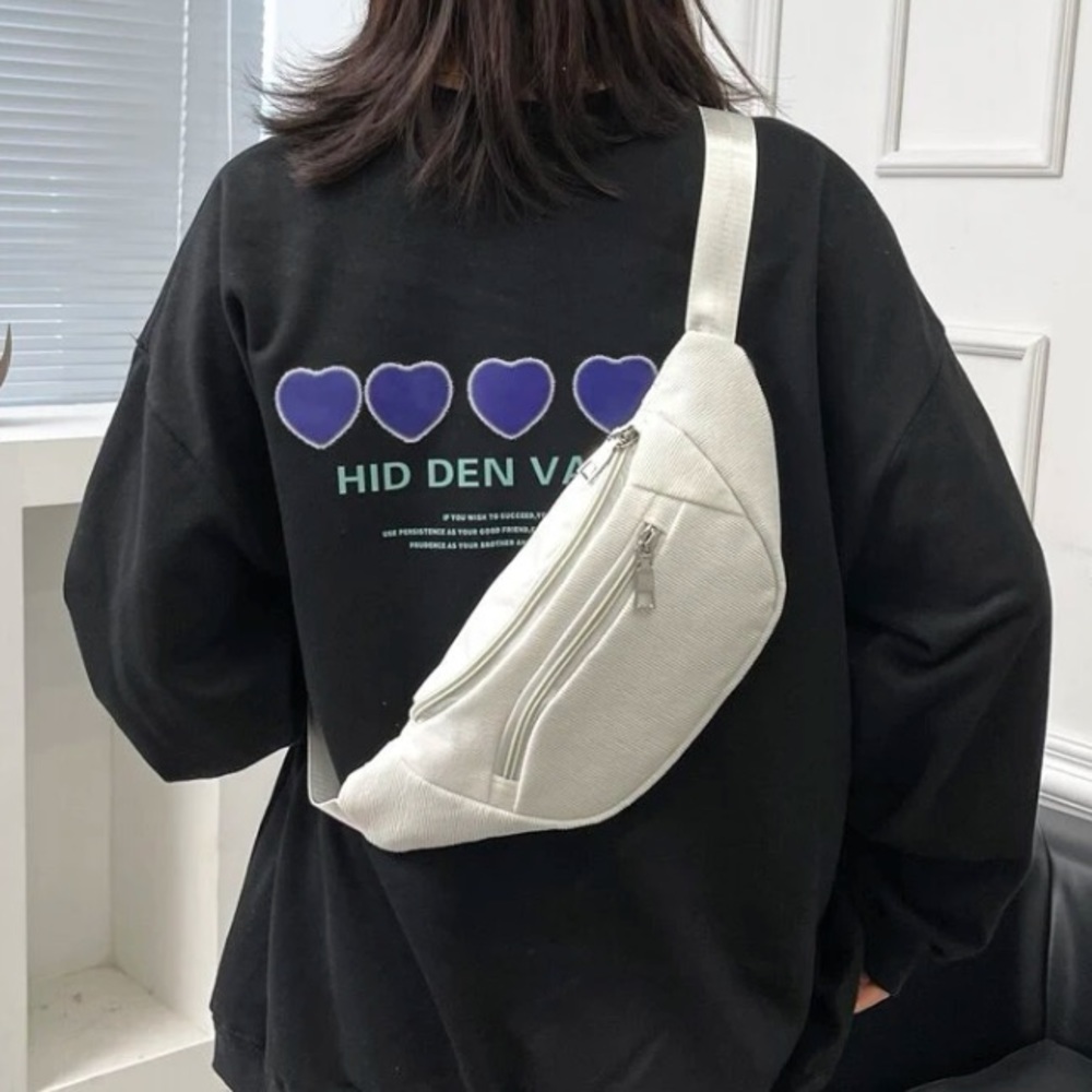 💙Corduroy White Double Pockets Release Buckle Adjustable Strap Fanny Pack